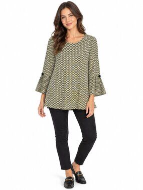 HABITAT Textured Tunic Blouse Lagenlook Beige Black Bell Sleeve Size XS